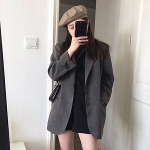 秋冬季洋气复古港风职业中长款深灰宽松西服上衣休闲小西装外套女