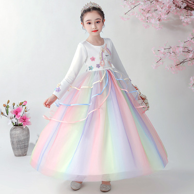 2020女童冬款长款礼彩网纱蓬蓬裙独角兽公主裙节日演出礼服连衣裙