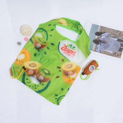 定制新型满版印花猕猴桃折叠环保袋 绒布抽绳收口创意背心购物袋