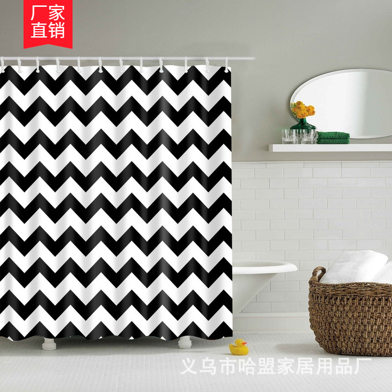 Spot supply digital printing black and white wave polyester fabric shower curtain waterproof curtain personalized door curtain toilet curtain