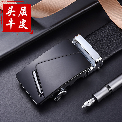 Factory-direct men's automatic-buckle leather belt with full-grain cowhide — wholesale business gift pants belts