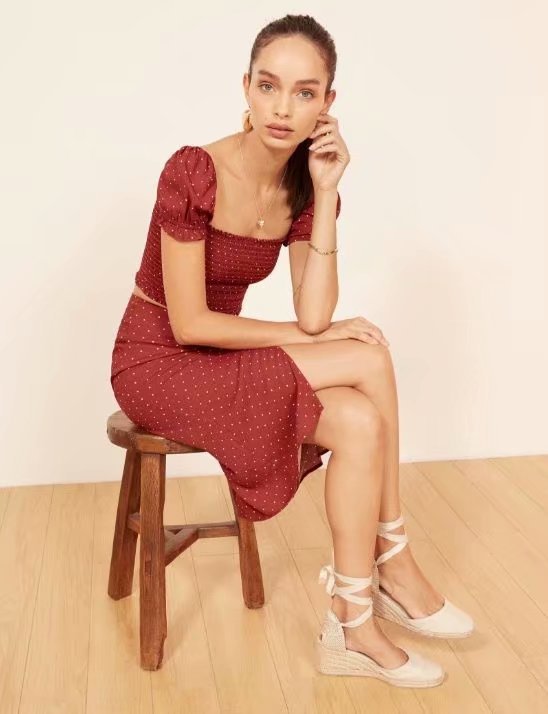 Wholesale Autumn Square Neck Puff Sleeve Short Top Split Skirt Set NSAM3575