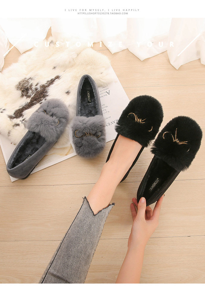 Giày lười nữ lông thỏ có nơ, lót lông ấm, đế thấp 1–3 cm — Màu xám, Màu đen chi tiết 5