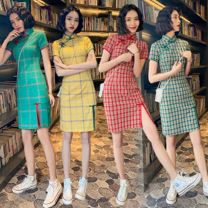 Women Chinese dresses plaid short length cheongsam qipao dresses Elastic cotton cheongsam Green Plaid Dress