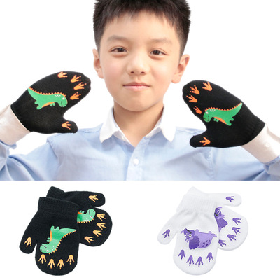 1-5岁儿童冬季保暖加绒加厚针织手套 可爱卡通小恐龙图案宝宝手套|ru