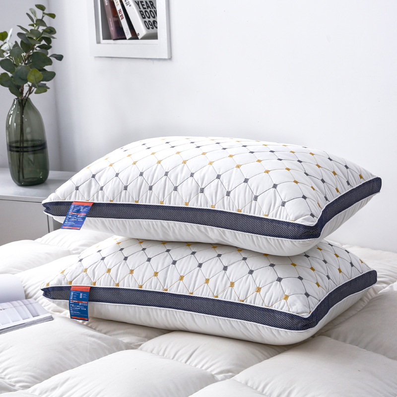 廠家銷售羽絲絨護頸枕頭 磨毛藍網绗繡小方格枕芯定制