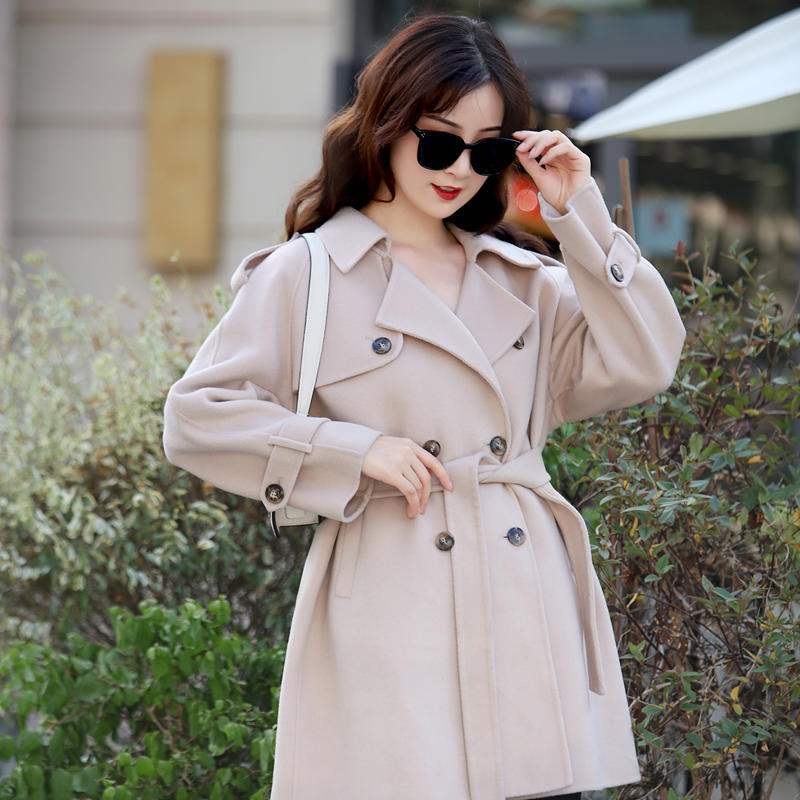 2020初秋新款韩版羊绒大衣女宽松双排扣高腰名媛小香风毛呢大衣女