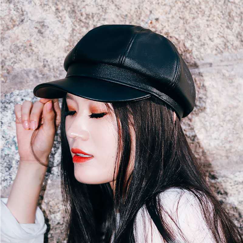 【厂家直销】贝雷帽子女冬天皮尤复古秋冬日韩版pu皮质八角帽女|ms