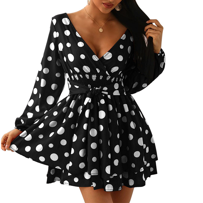 waist V-neck long sleeve lace-up polka dot print dress NSONF131974