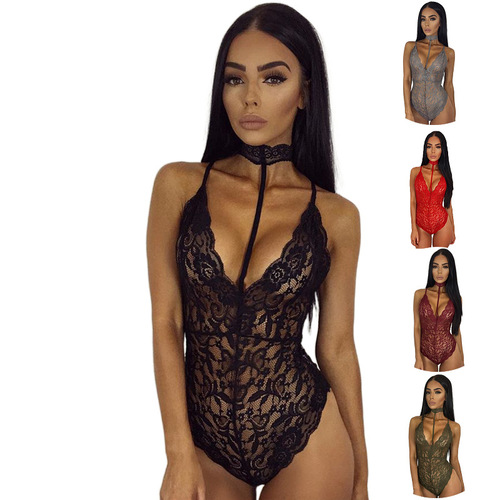 Foreign trade European and American sexy lingerie sexy lace lingerie transparent babydoll female lace jumpsuit