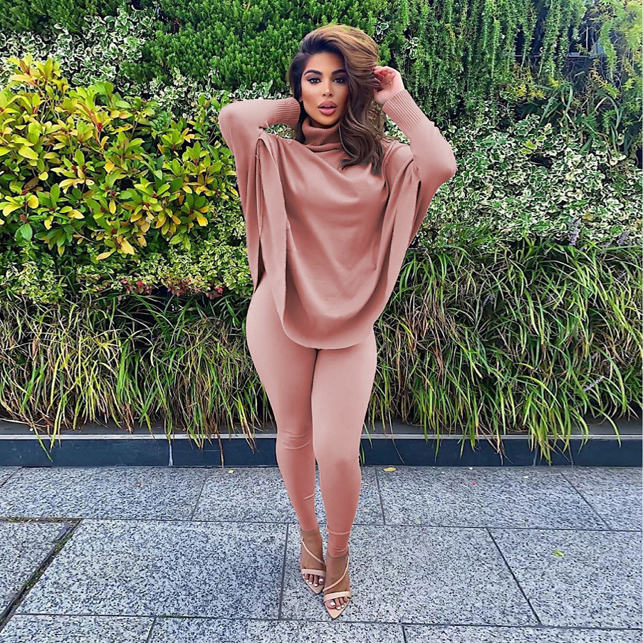 Winter Solid Bat Long Sleeve Two Piece Fashion Casual Suit