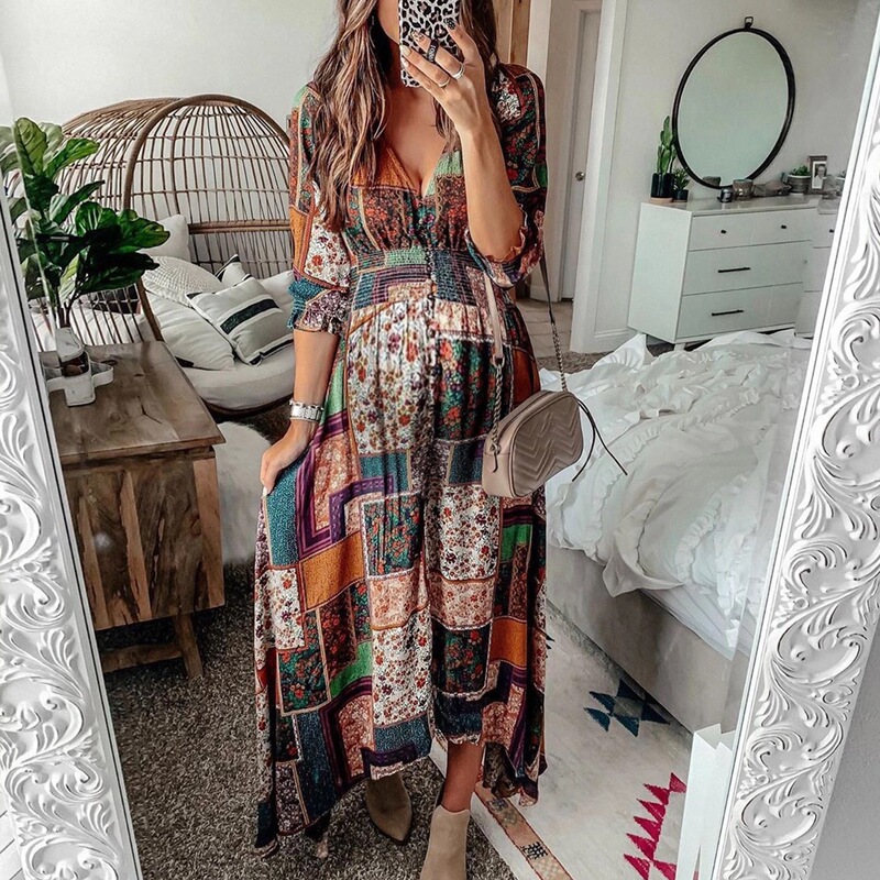 Spring and Summer 2020 New Women's Cross-border European and American Bohemian Amazon Cross-border New V-neck Printed Pregnant Women's Dress Spring and Summer 2020 New Women's Cross-border European and American Bohemian Amazon Cross-border New V-neck Printed Pregnant Women's Dress