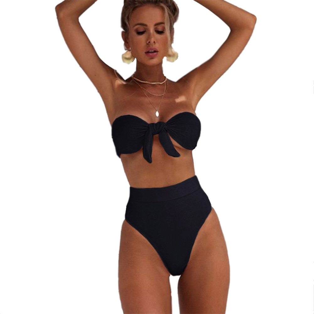Wholesale New European and American Style Bandeau Bikini Two-Piece High-Waisted Swimsuit for Women, Ribbed Fabric Swimwear, Plus Size Bikini