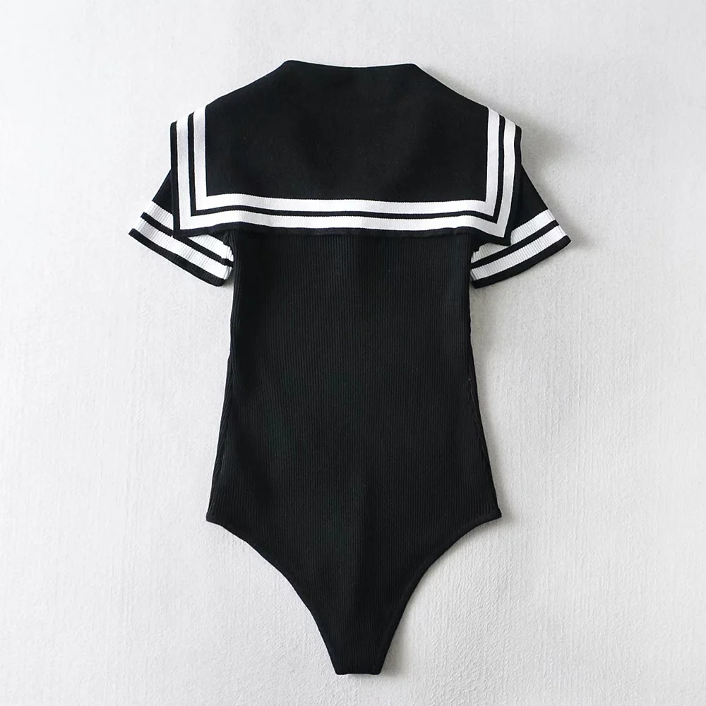 navy collar striped knitted jumpsuit  NSHS24694