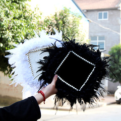 Car Anti-slip Mat Plush Long Feather Fabric Flower Pearl Chain Car Dashboard Ornament Pad Vehicle Storage Pad White