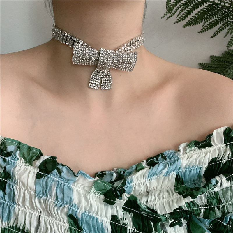 fashion full diamond geometric bow choker necklace exaggerated clavicle neck chain tide wholesale nihaojewelrypicture3