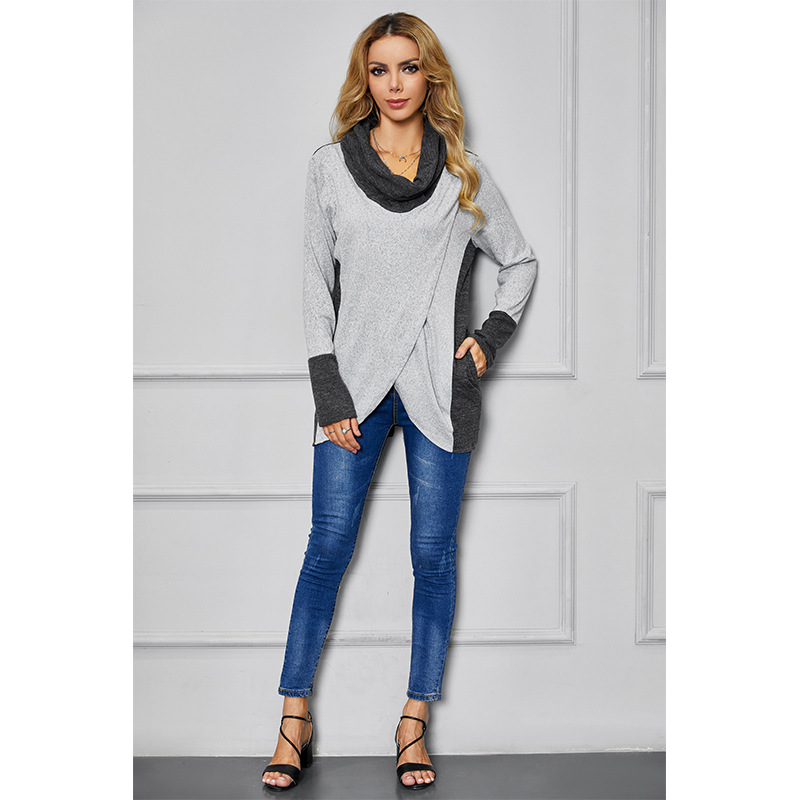 irregular pile collar long-sleeved stitching sweater top NSSA26030