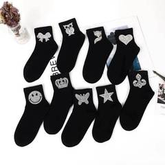 直播秋冬新款水鑽全棉女襪百搭黑色網紅襪子顯瘦小腿襪女短筒