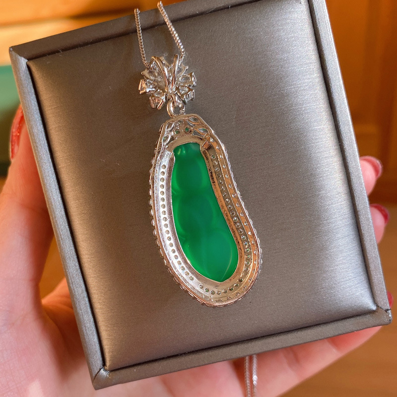 珠宝复古冰玉髓福豆吊坠镶嵌绿翡翠四季豆玉坠项链气质批发测试1详情7