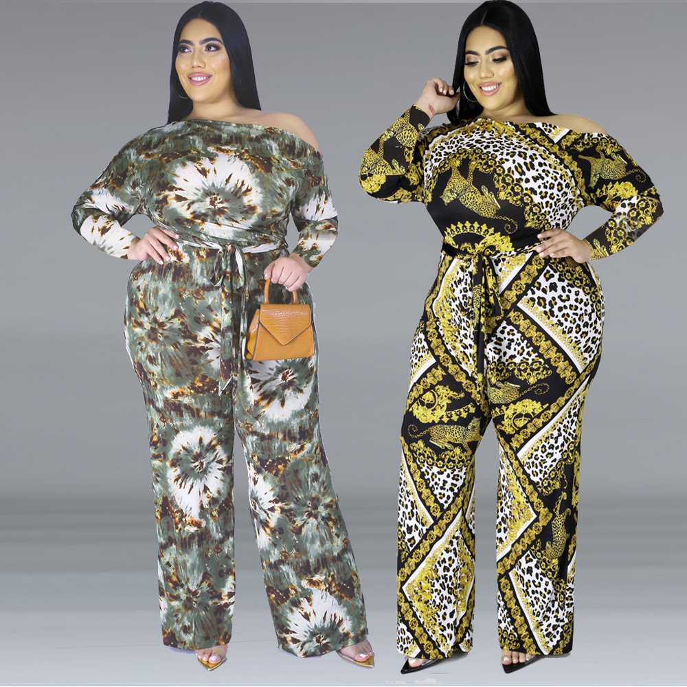 Large Women'S Clothing Autumn Winter New Jumpsuit Fashion Digital Printing Temperament Leisure Wide Leg Pants Suit