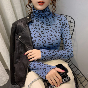 堆堆高领打底衫女内搭2020秋冬洋气欧货紧身上衣加绒加厚豹纹t恤
