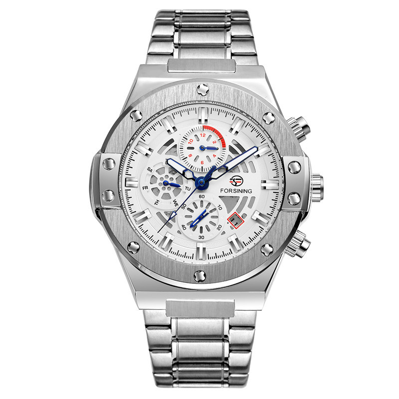 FORSINING Fusini 6914 correa de acero de moda para hombre reloj mecánico automático reloj impermeable luminoso de seis pines