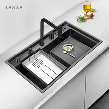 阿萨斯304不锈钢黑色纳米阶梯式手工水槽洗菜盆高低洗碗池大单槽