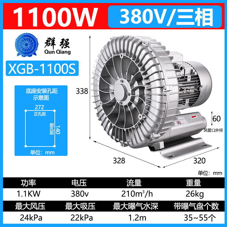 1100W高压风机旋涡气泵工业大风量大功率1.1KW380V三相离心鼓风机