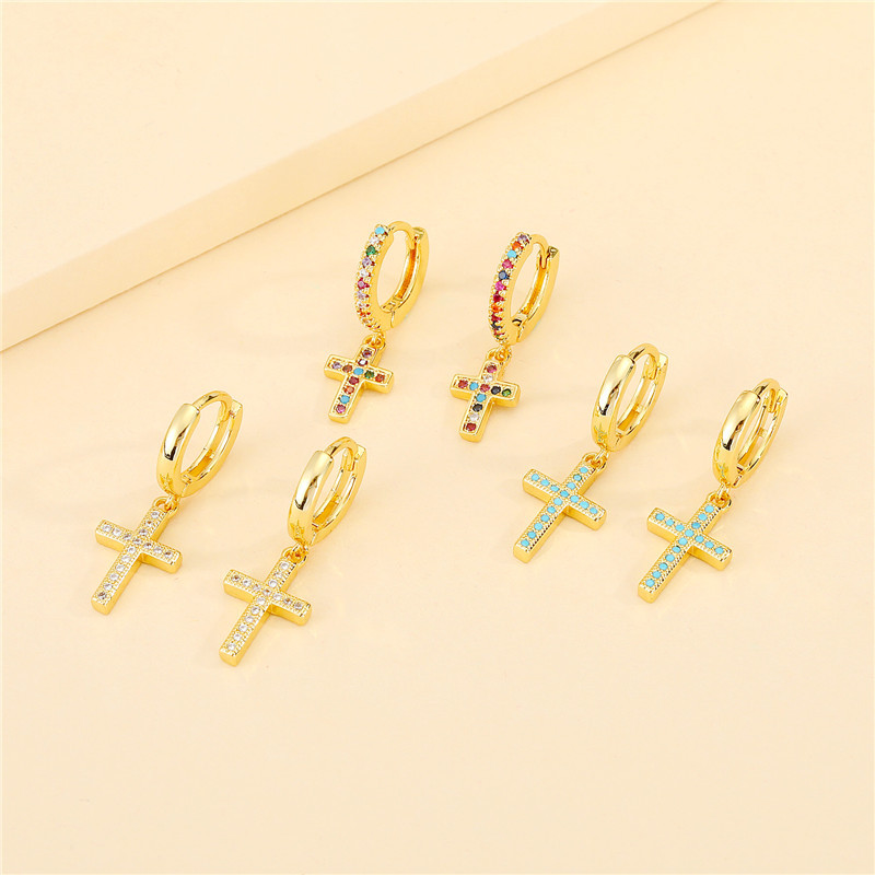 Korean Retro  Colored Diamond Cross Earrings display picture 5