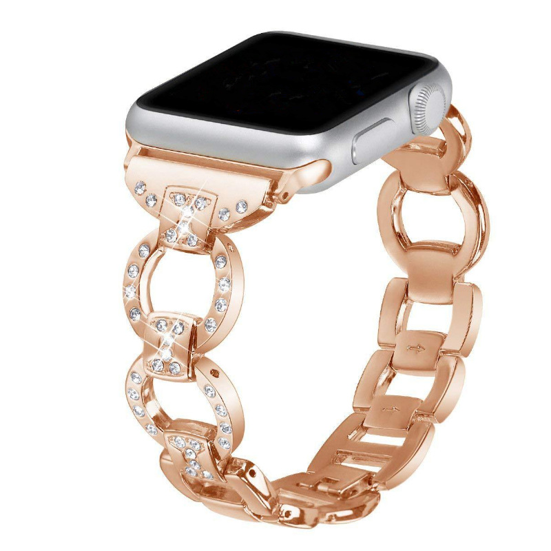 适用苹果手表表带apple watch1/2/3/4金属镶锆石手链表带玫瑰金色|ms