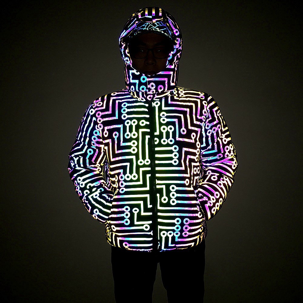 Herrenbekleidung bunter reflektierender Baumwollmantel mit abnehmbarer Kapuze und Baumwollmantel für Männer und Frauen_voghion.com
