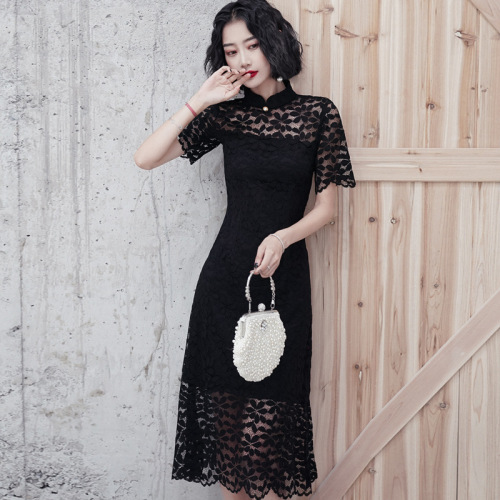 Black lace Chinese dress qipao oriental cheongsam dresses for women elegant temperament modified version dress