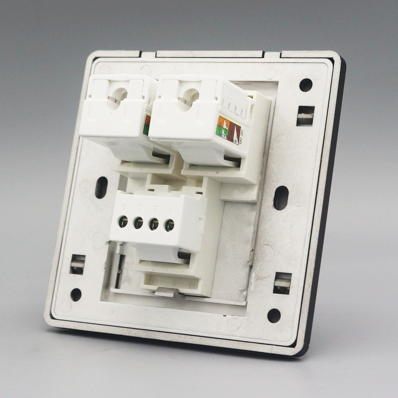 黑色86型三口电脑电话插座6类千兆网络加4芯电话拧线插座网线面板