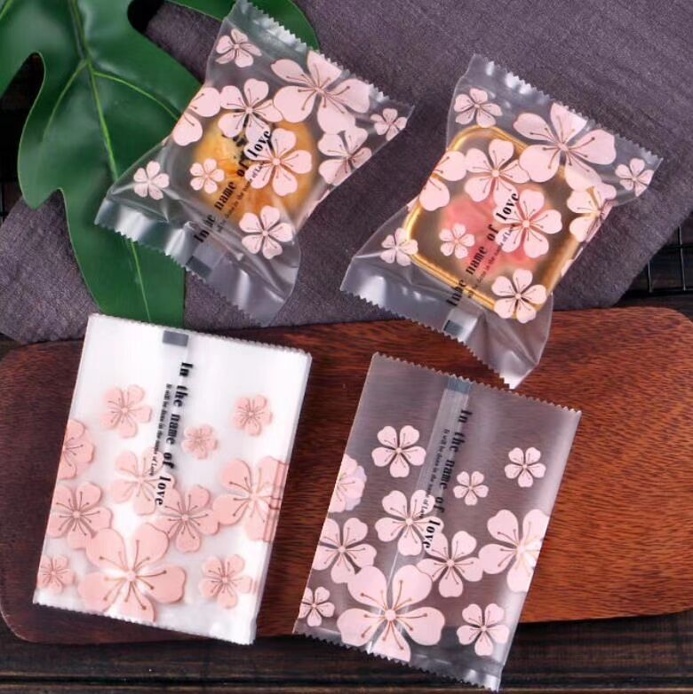 现货烘焙金色樱花半透明磨砂机封袋 中秋月饼蛋黄酥包装袋100个