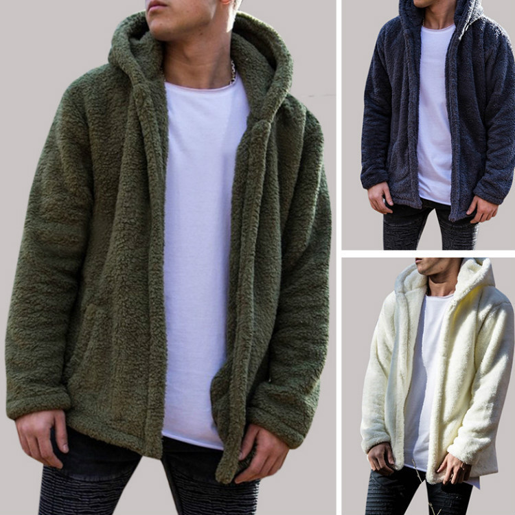 Men's Autumn And Winter Casual Solid Color Hooded Jacket Plush Coat