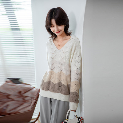 羊絨衫女100%純山羊絨秋冬加厚V領套頭毛衣撞色條紋針織衫750055