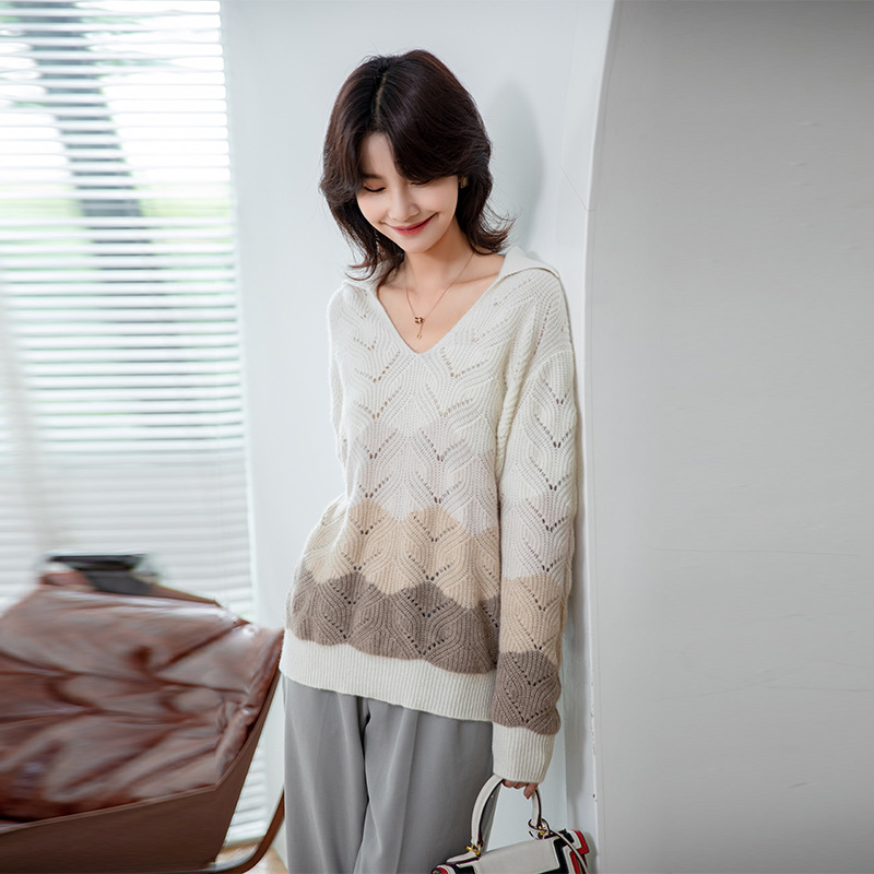 羊絨衫女100%純山羊絨秋冬加厚V領套頭毛衣撞色條紋針織衫750055