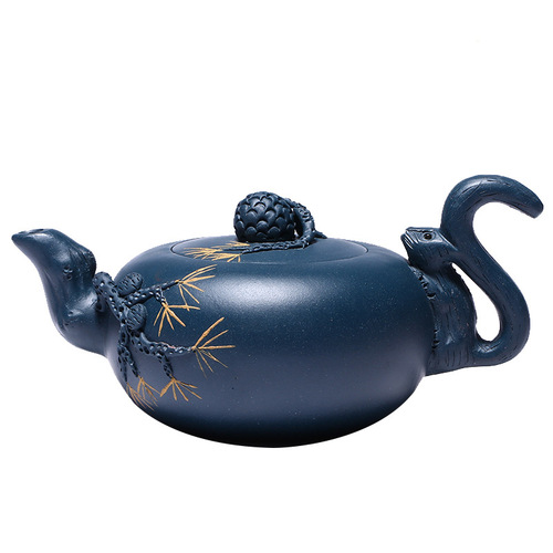 Yixing Zisha teapot wholesale hand-painted teapot raw mineral azure mud squirrel grape teapot Kung Fu tea set dropshipping