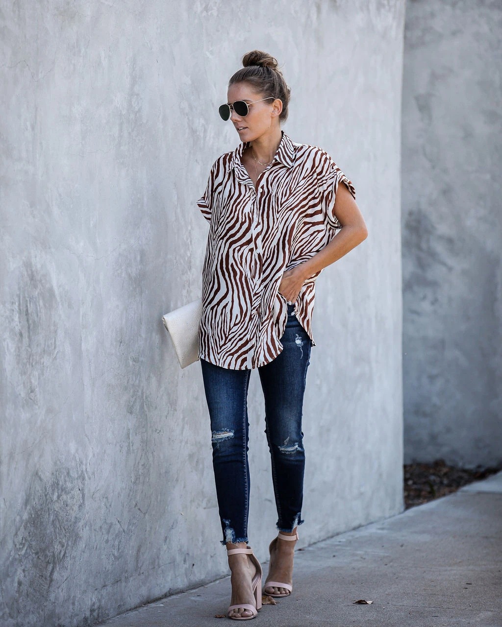 hot sale summer hot style short-sleeved single-breasted zebra print loose shirt  NSYD3905