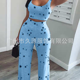 JY2027-A跨境 欧美亚马逊wish新款背心+长裤休闲运印花动休闲套装