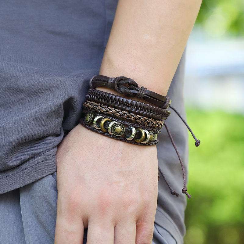 hot-selling fashion menu0027s cowhide retro multi-layer woven suit bracelet