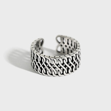 纯银S925复古做旧韩版戒指小众设计几何线条编织交织冷淡风戒指女