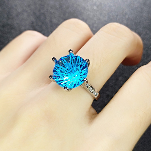 Manufacturer wholesale cross-border imitation sapphire ring European and American blue crystal living diamond ring temperament amethyst color treasure ring