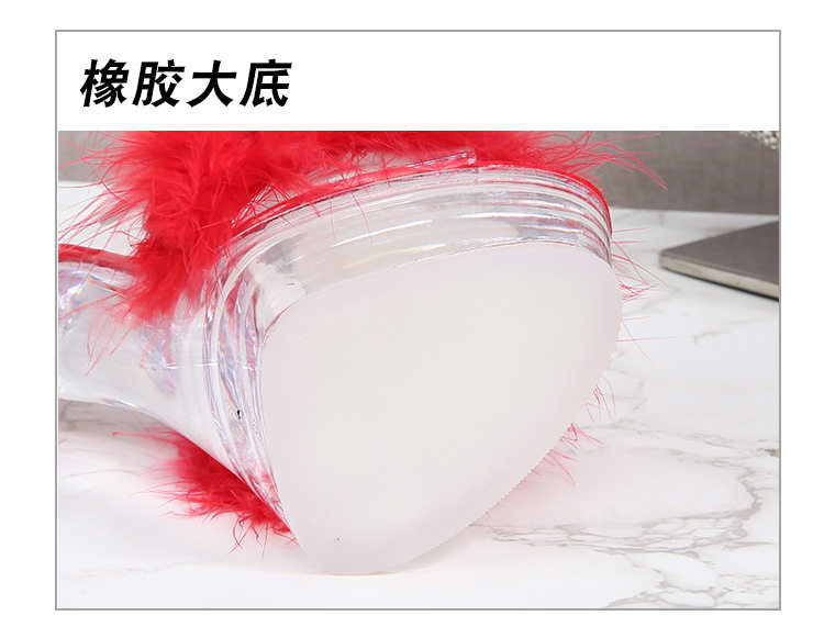 Dép sandal nữ gót nhọn siêu cao phối lông, quai trong suốt pha lê, mũi hở — Màu hồng, Màu trắng, Màu đen, Màu đỏ chi tiết 8