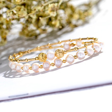 淡水珍珠手镯弹力小众设计手工铜镀真金多层开口手链 送妈妈礼物