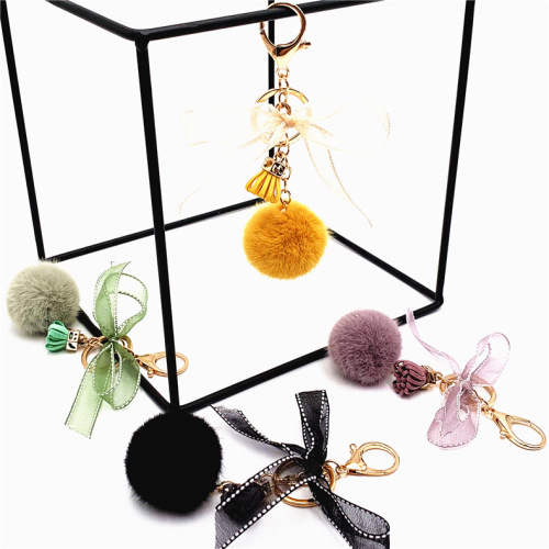 Cute bow keychain lace fur ball bag plush pendant cartoon car key chain small gift accessories