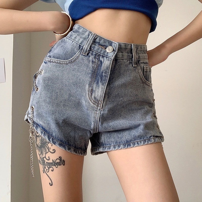 2020 Summer new arrival sexy Casual jeans for women fashion Hollow Out chain design high waist leg length wild Solid color pants
