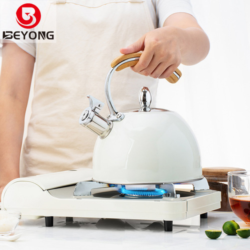 3L wooden handle white whistle kettle Amazon cross-border kitchenware stainless steel whistle kettle gas coffee brewing