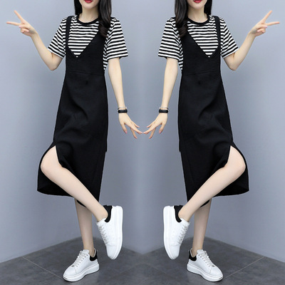 微胖人女孩妹妹mm大碼套裝2020夏季新款200斤顯瘦吊帶連衣裙潮