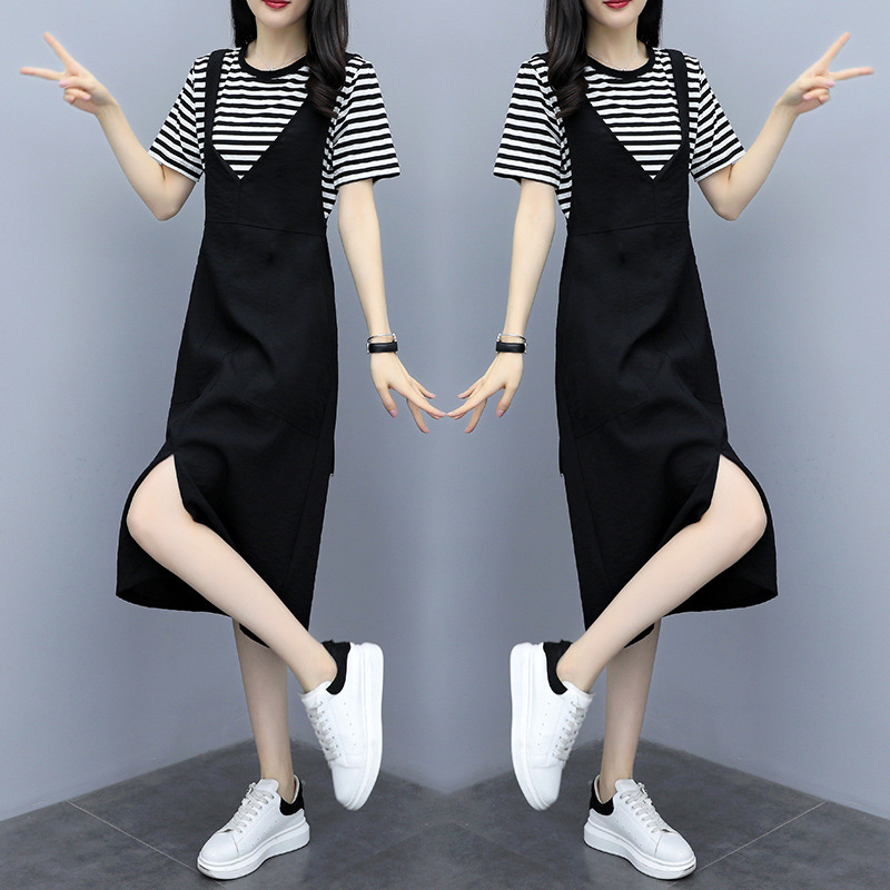 微胖人女孩妹妹mm大碼套裝2020夏季新款200斤顯瘦吊帶連衣裙潮